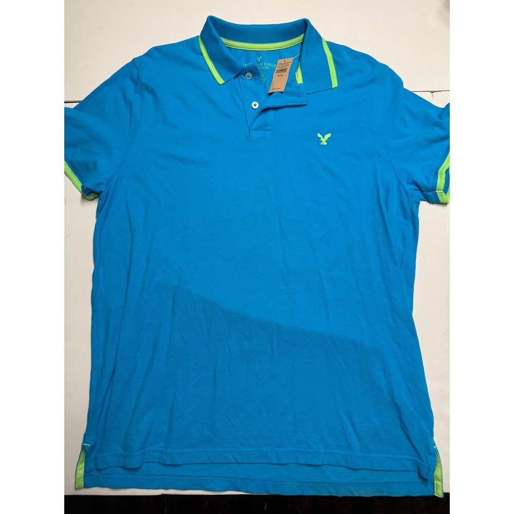 American Eagle Mens XXL Blue Neon Green Classic Fit Short Sleeve Polo Shirt NWT